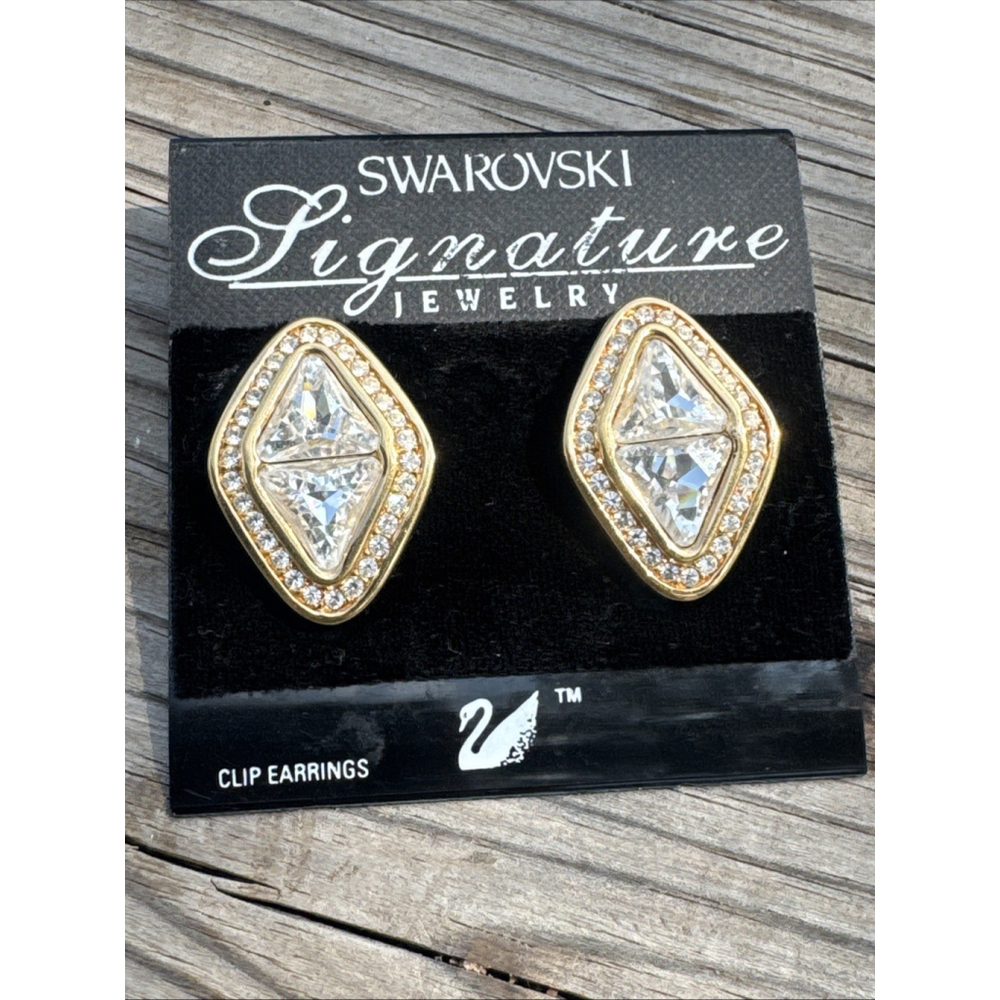 Swarovski Crystal Gold Earrings Clip Large Marquise Shape With Pave *NEW* - Picture 4 of 10
